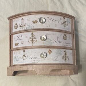 Paris-Inspired Vintage Pink Wooden Jewelry Chest with Drawers